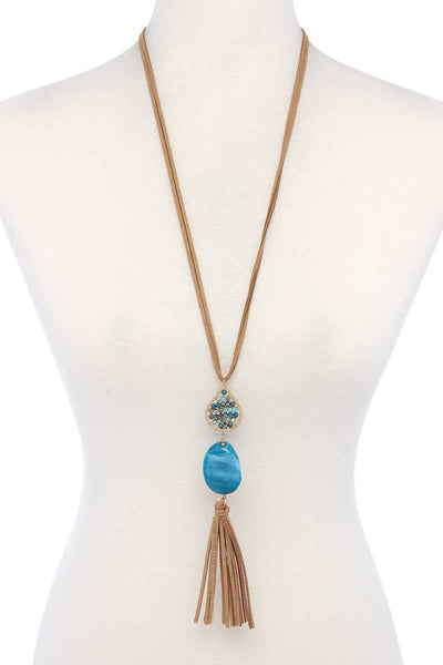 Teardrop Shape Beaded Stone Tassel Pendant Necklace