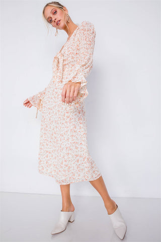 Minimalist Floral Tiered Cinched Puff Sleeve Midi Dress