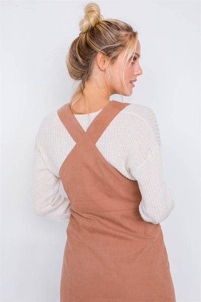 Mocha Vintage Suede Front Button Office Chic Mini Dress