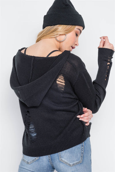 Knit Distressed Hooded Button-front Sweater
