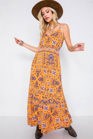 Mustard Boho Print V-neck Cami Straps Maxi Dress
