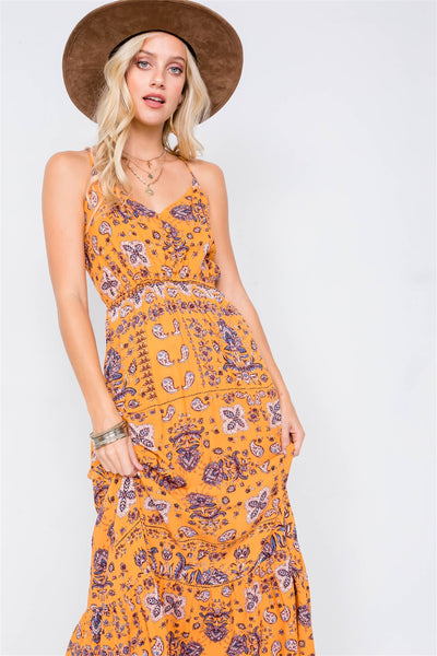 Mustard Boho Print V-neck Cami Straps Maxi Dress