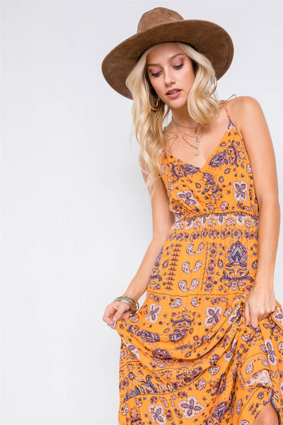 Mustard Boho Print V-neck Cami Straps Maxi Dress