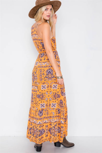 Mustard Boho Print V-neck Cami Straps Maxi Dress