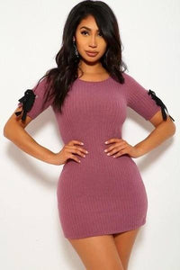 Solid, Wide Rib Knit, Scoop Neckline, Short Sleeves Dress