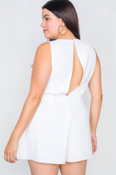 Plus Size White Pleated Semi-sheer Short Romper