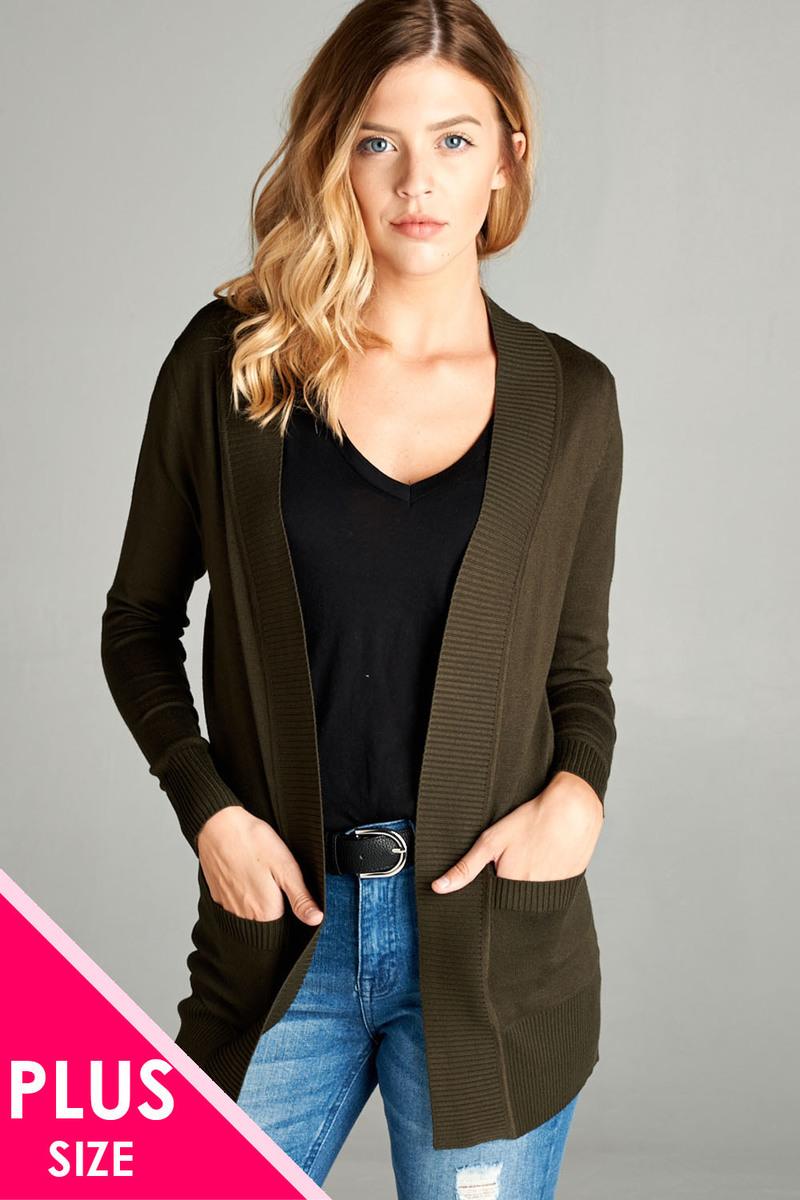 Long Sleeve Rib Banded Open Sweater Cardigan W/pockets