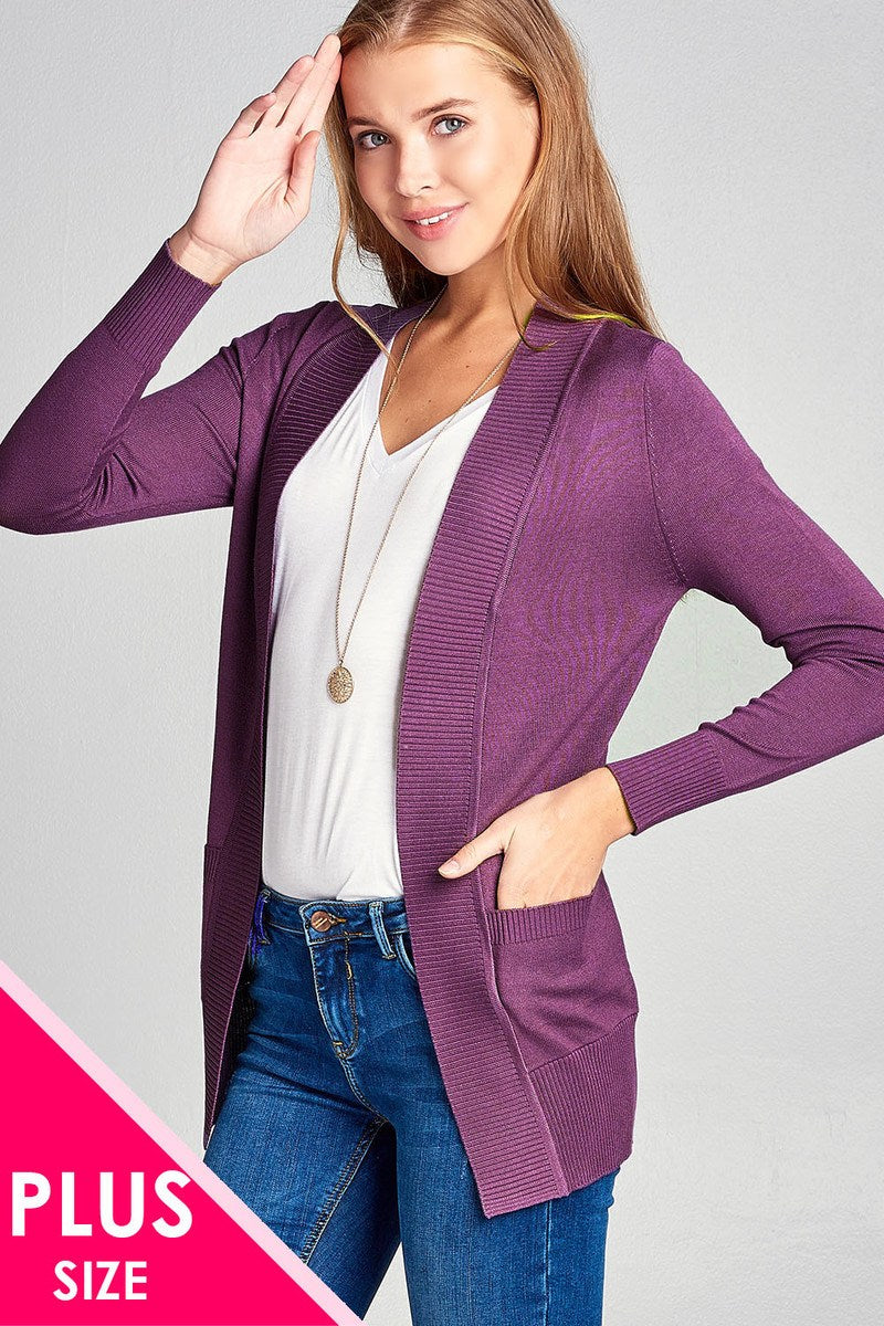 Long Sleeve Rib Banded Open Sweater Cardigan W/pockets