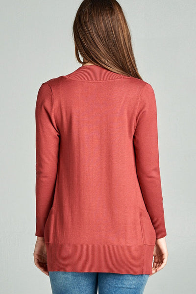 Long Sleeve Rib Banded Open Sweater Cardigan W/pockets