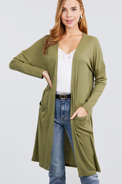 Long Dolman Sleeve Open Front W/pocket Pointelle Rib Long Cardigan
