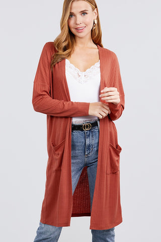Long Dolman Sleeve Open Front W/pocket Pointelle Rib Long Cardigan
