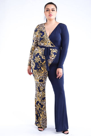 Leopard Paisley Printed Color Blocked Jumpsuit