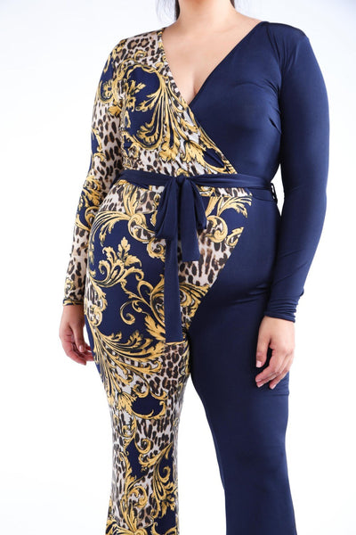 Leopard Paisley Printed Color Blocked Jumpsuit