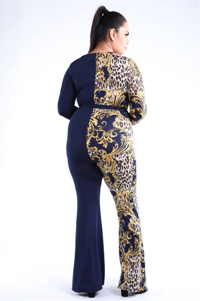 Leopard Paisley Printed Color Blocked Jumpsuit