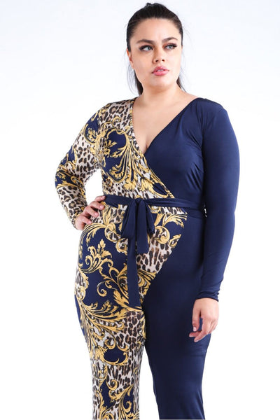 Leopard Paisley Printed Color Blocked Jumpsuit