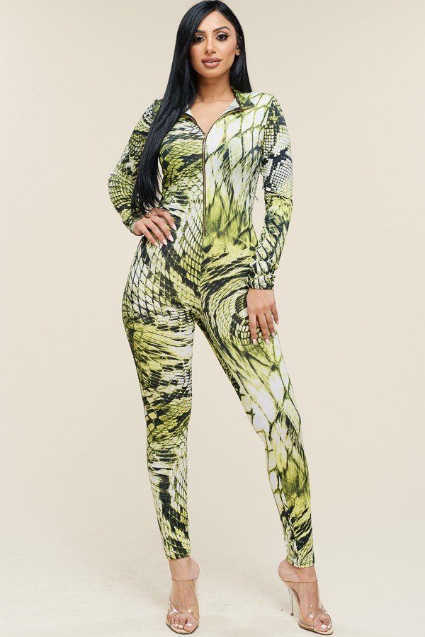 Multi Color Print Long Sleeve Zipper Front Jumpsuit
