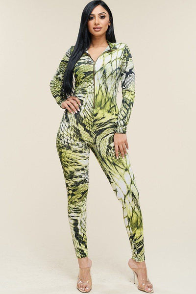 Multi Color Print Long Sleeve Zipper Front Jumpsuit