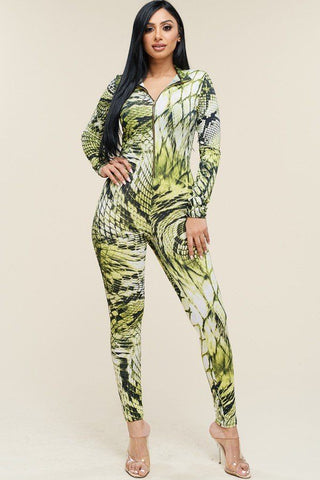 Multi Color Print Long Sleeve Zipper Front Jumpsuit