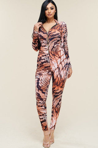 Multi Color Print Long Sleeve Zipper Front Jumpsuit