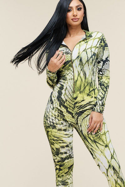 Multi Color Print Long Sleeve Zipper Front Jumpsuit