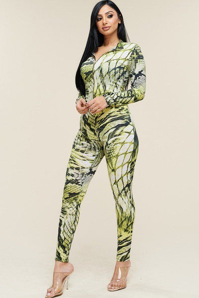 Multi Color Print Long Sleeve Zipper Front Jumpsuit