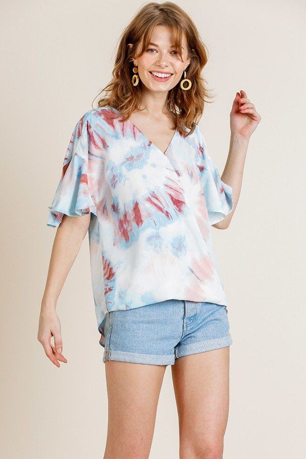 Printed Ruffle Bell Sleeve V-neck Cross Body Top