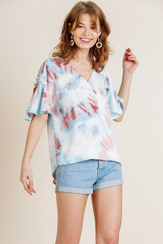 Printed Ruffle Bell Sleeve V-neck Cross Body Top