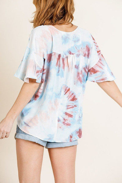 Printed Ruffle Bell Sleeve V-neck Cross Body Top