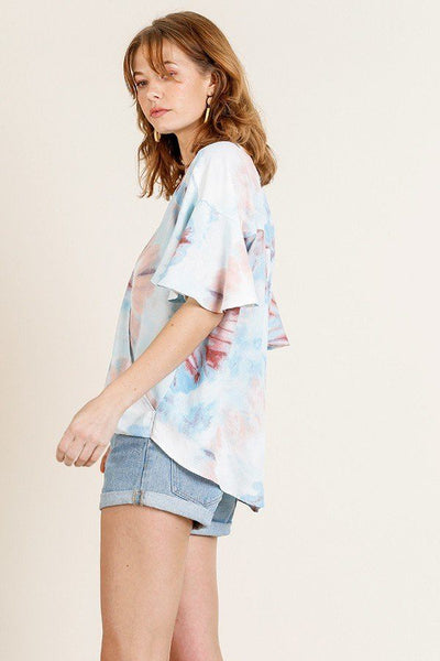 Printed Ruffle Bell Sleeve V-neck Cross Body Top