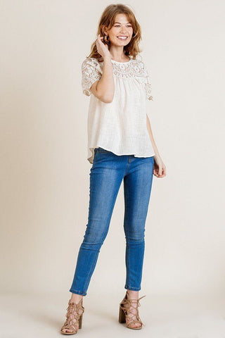 Sheer Floral Short Sleeve Lace Yoke Keyhole Top