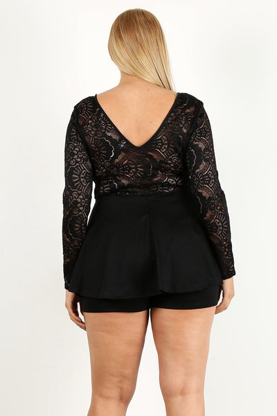 Duo Fabric Romper With Lace Detail, Peplum Bodice, And V-neckline