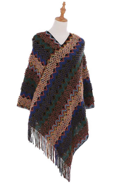 Knitted Multi Color Fringe Cape Poncho