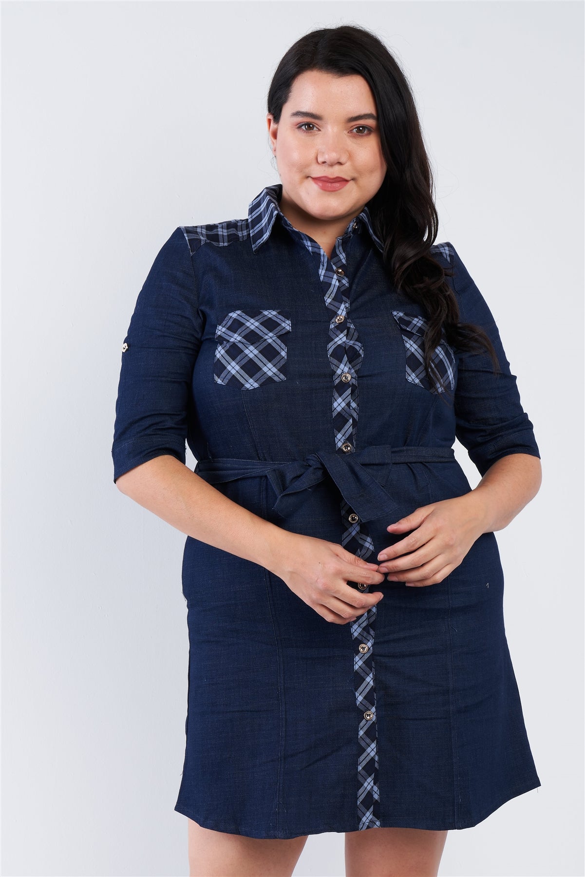 Plus Size Denim Blue Plaid Stripe Trim Front Button Jean Mini Dress