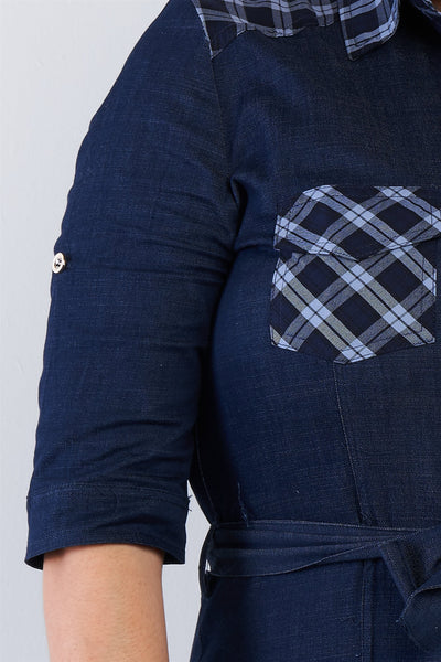 Plus Size Denim Blue Plaid Stripe Trim Front Button Jean Mini Dress
