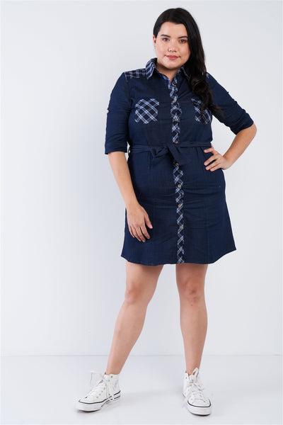 Plus Size Denim Blue Plaid Stripe Trim Front Button Jean Mini Dress