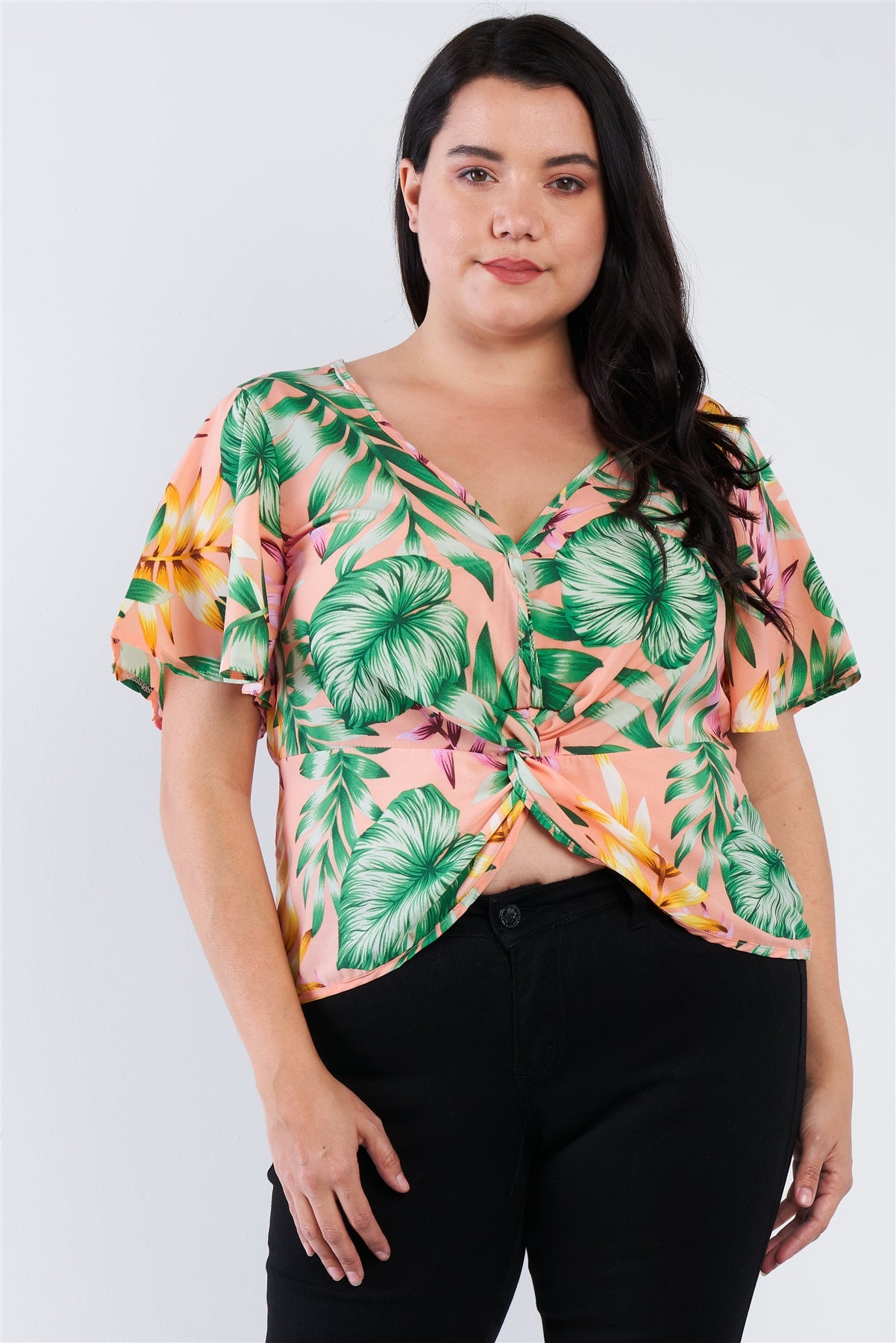 Plus Size Multi Tropical Floral Front Roll Butterfly Sleeve Top