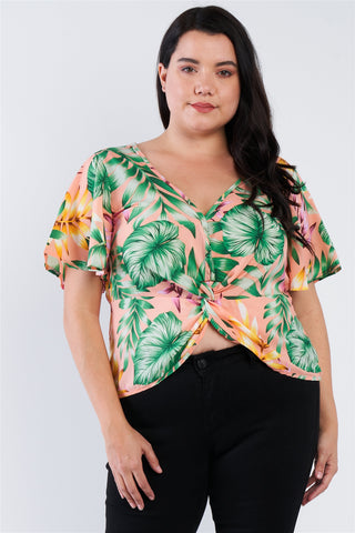 Plus Size Multi Tropical Floral Front Roll Butterfly Sleeve Top