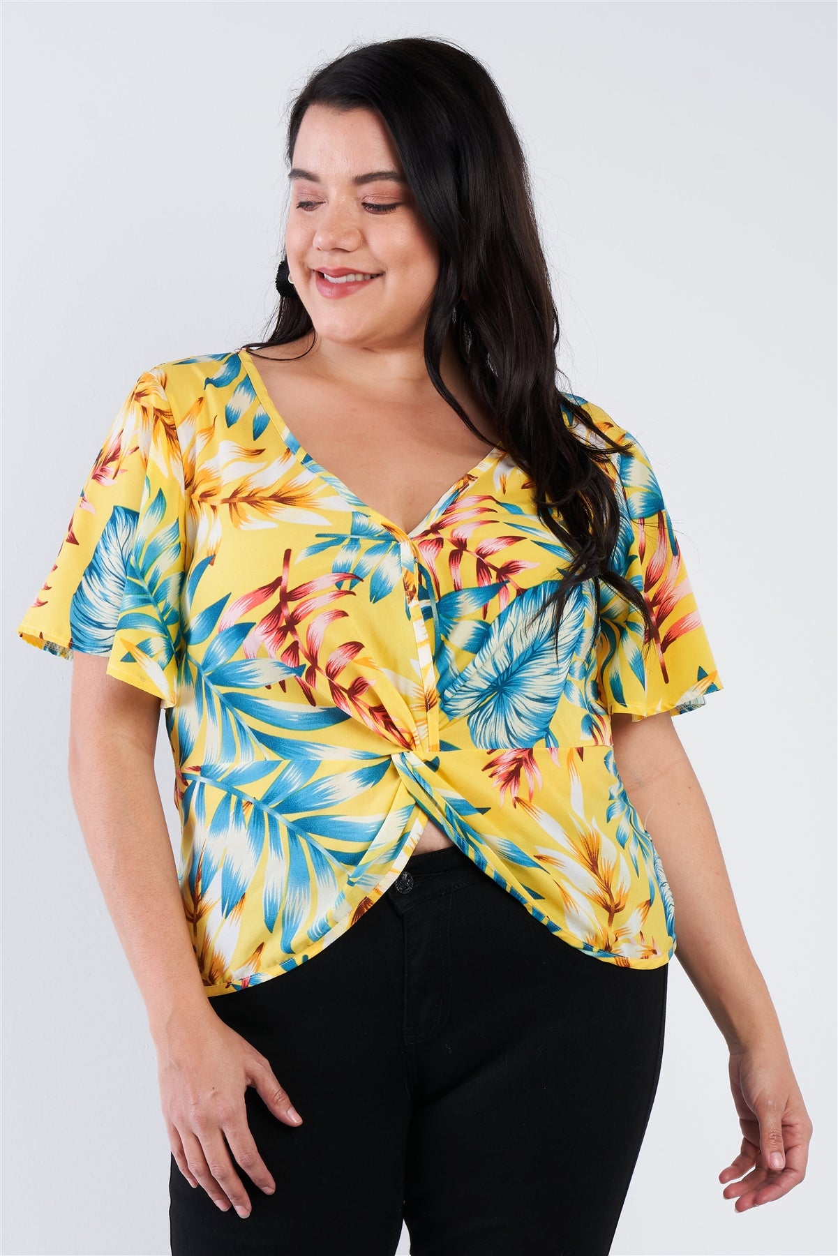 Plus Size Multi Tropical Floral Front Roll Butterfly Sleeve Top