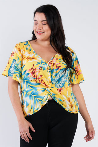 Plus Size Multi Tropical Floral Front Roll Butterfly Sleeve Top