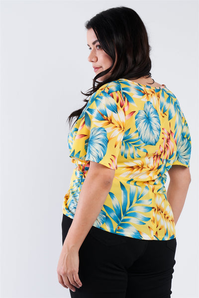 Plus Size Multi Tropical Floral Front Roll Butterfly Sleeve Top