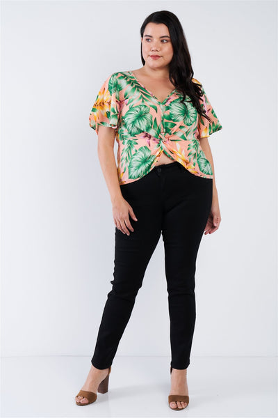 Plus Size Multi Tropical Floral Front Roll Butterfly Sleeve Top