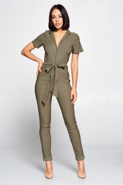 Short Sleeve Jumpsuit With A Notched Collar Neckline ,button Down Front, Pocket Detail Finished Off With A Self Tie Belt