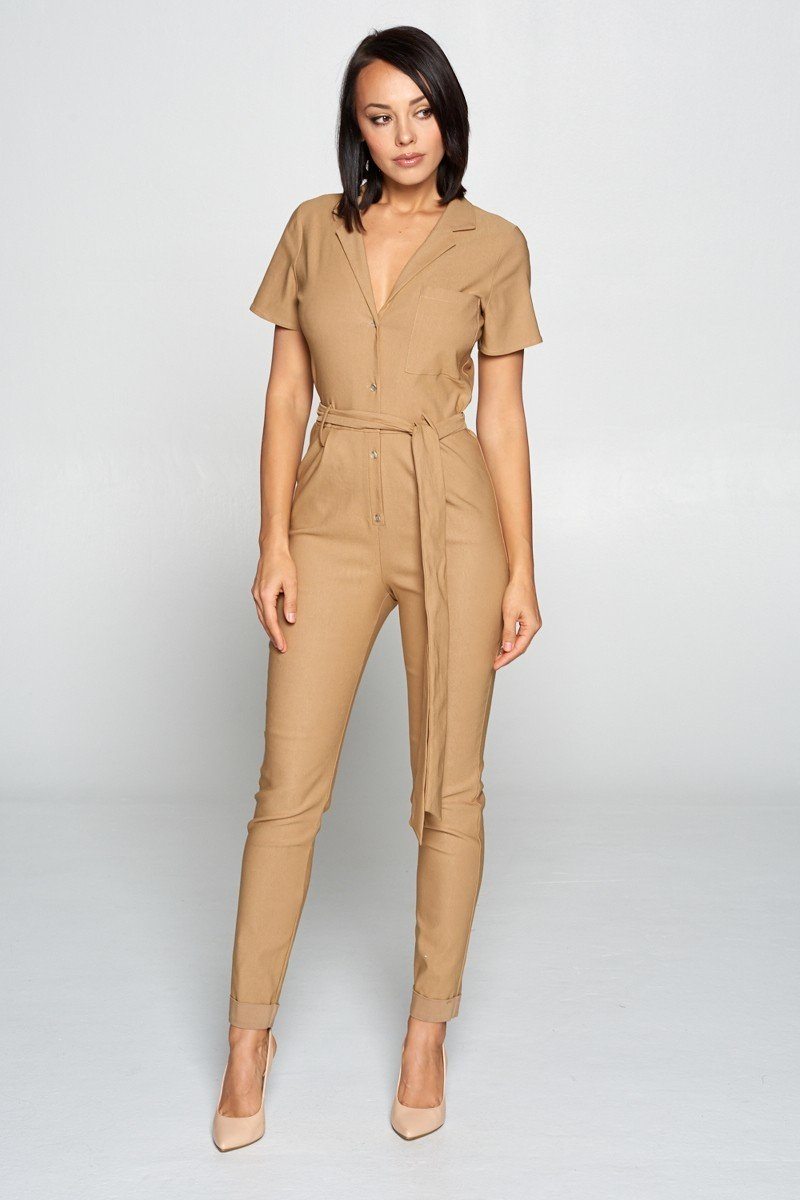 Short Sleeve Jumpsuit With A Notched Collar Neckline ,button Down Front, Pocket Detail Finished Off With A Self Tie Belt