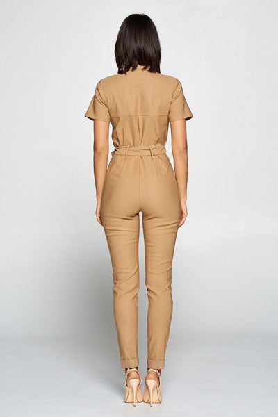 Short Sleeve Jumpsuit With A Notched Collar Neckline ,button Down Front, Pocket Detail Finished Off With A Self Tie Belt