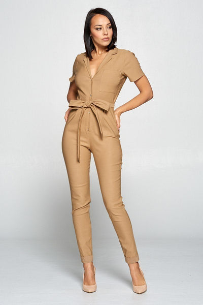 Short Sleeve Jumpsuit With A Notched Collar Neckline ,button Down Front, Pocket Detail Finished Off With A Self Tie Belt