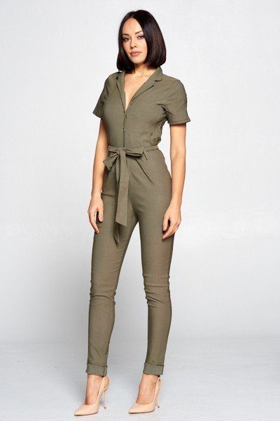 Short Sleeve Jumpsuit With A Notched Collar Neckline ,button Down Front, Pocket Detail Finished Off With A Self Tie Belt