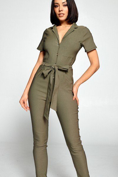 Short Sleeve Jumpsuit With A Notched Collar Neckline ,button Down Front, Pocket Detail Finished Off With A Self Tie Belt