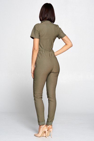 Short Sleeve Jumpsuit With A Notched Collar Neckline ,button Down Front, Pocket Detail Finished Off With A Self Tie Belt