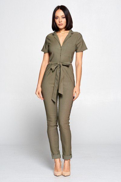 Short Sleeve Jumpsuit With A Notched Collar Neckline ,button Down Front, Pocket Detail Finished Off With A Self Tie Belt