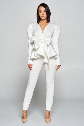 Long Sleeve Deep V Neckline Top With Waist Tie To Make A Bow Detail Paired With Elastic Waist Pants